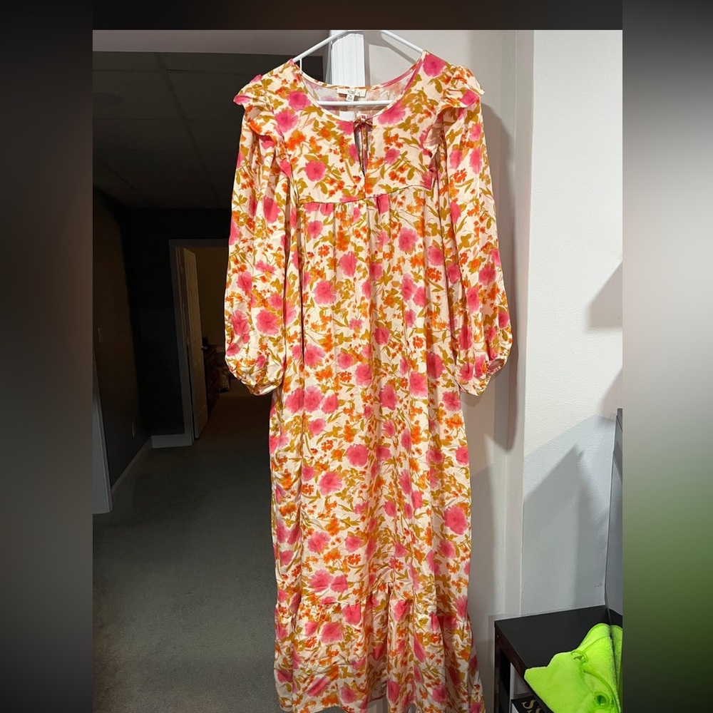 Easel Floral Long Sleeve Dress - Pink and Orange